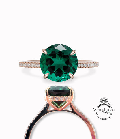 Round cut Emerald engagement ring white gold moissanite/diamond side halo ring art deco almost eternity wedding ring diamond halo ring Wan Love Designs