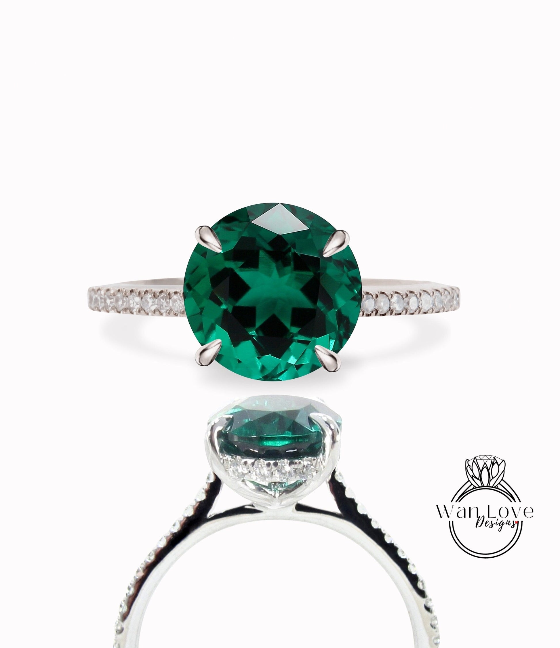 Round cut Emerald engagement ring white gold moissanite/diamond side halo ring art deco almost eternity wedding ring diamond halo ring Wan Love Designs