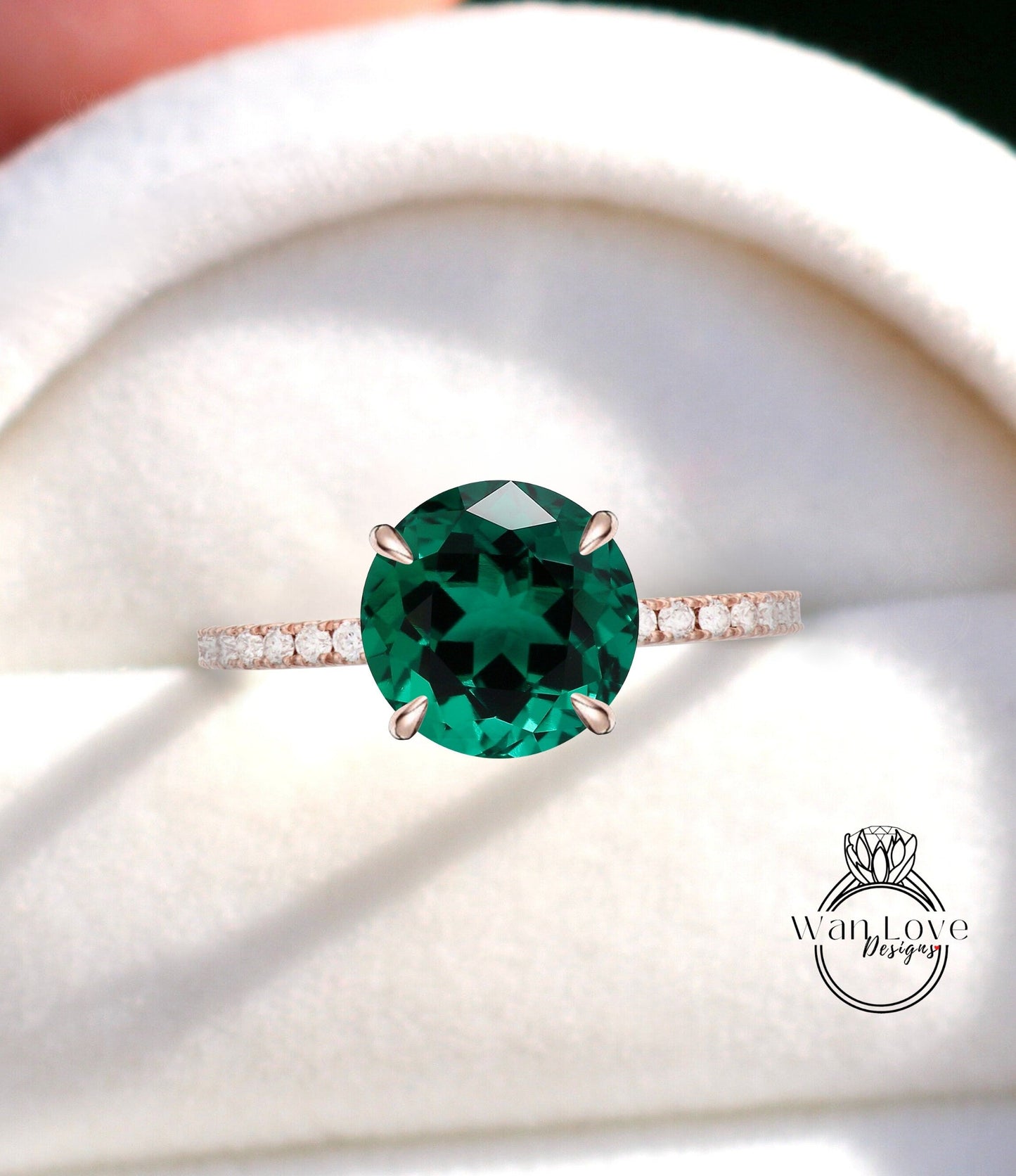 Round cut Emerald engagement ring white gold moissanite/diamond side halo ring art deco almost eternity wedding ring diamond halo ring Wan Love Designs