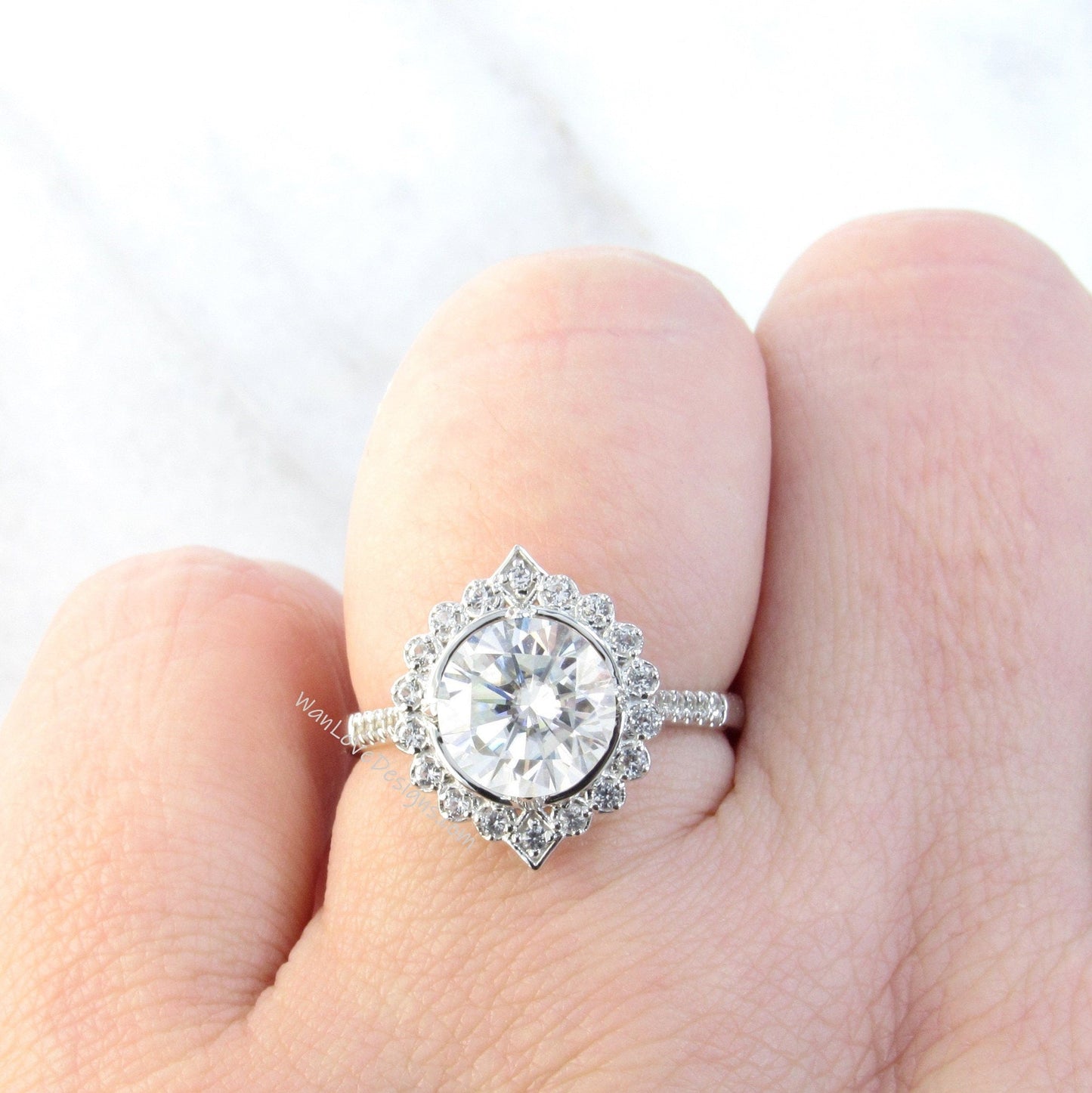 Round cut IGI Diamond engagement ring White gold unique Art Deco vintage halo engagement ring woman Wedding Bridal ring Anniversary gift Wan Love Designs