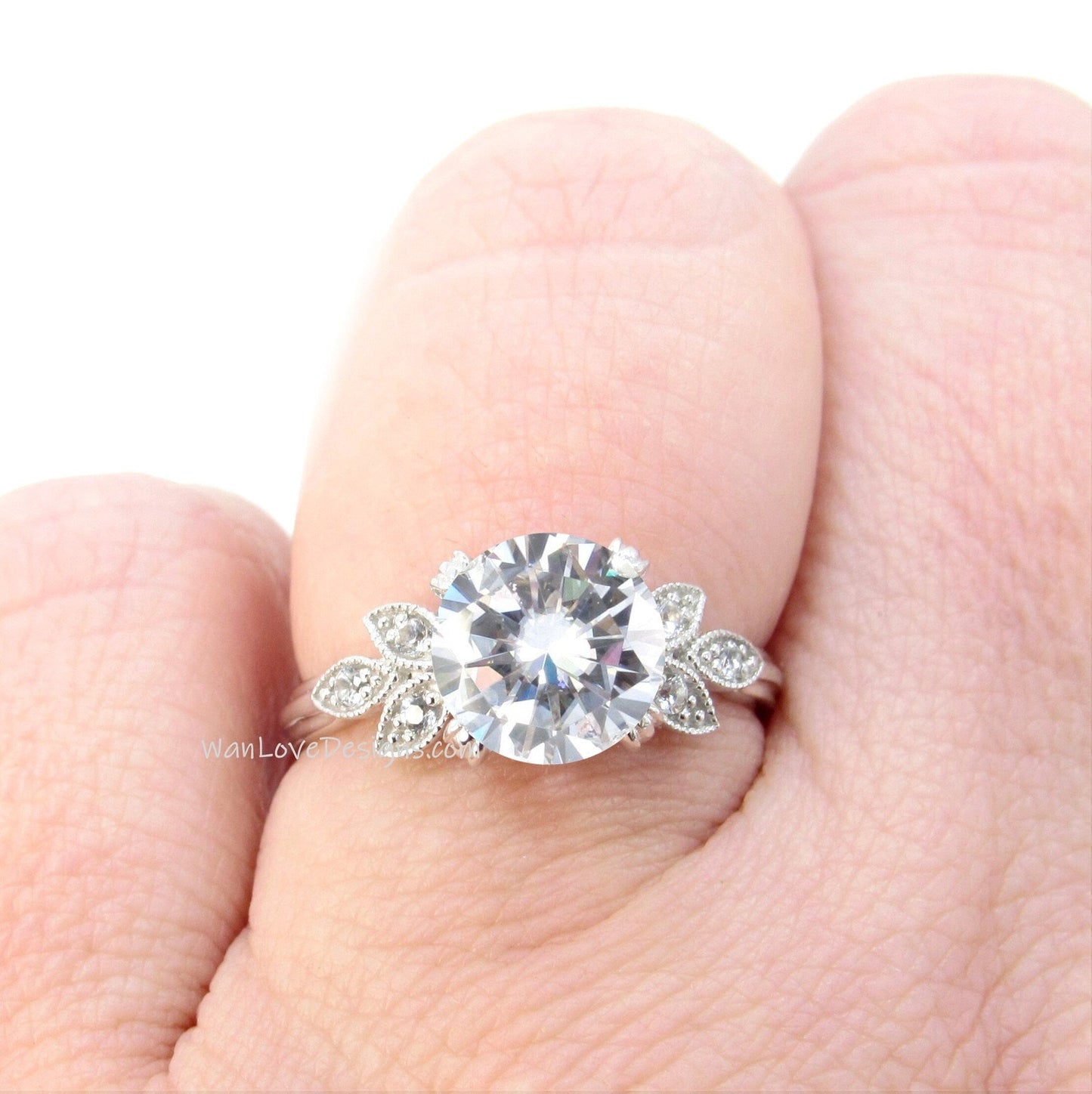 Round cut Moissanite Diamond Milgrain Leaf Engagement Ring Nature Antique leaf Wedding ring Vintage style Ring wedding bridal antique ring Wan Love Designs