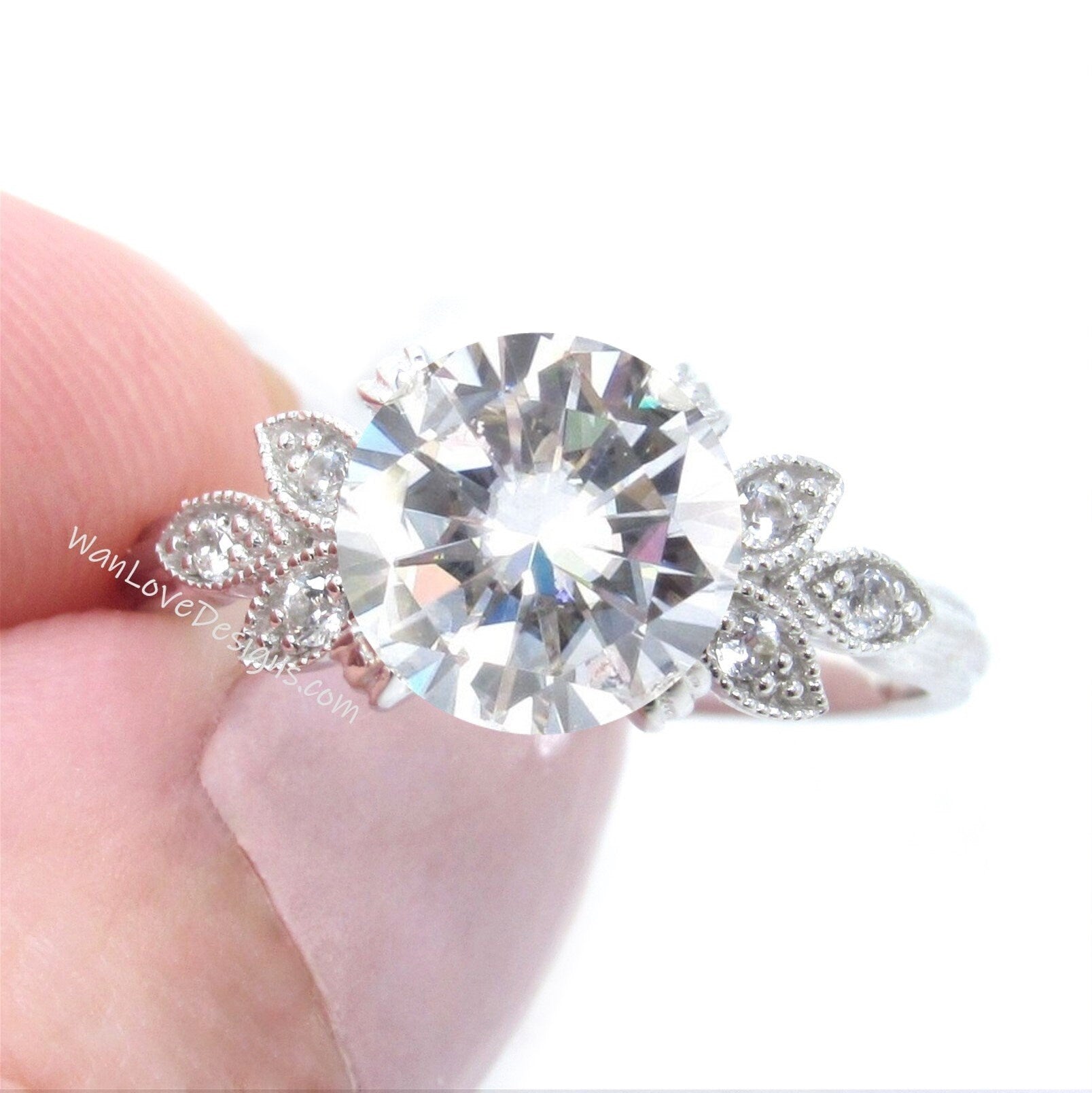 Round cut Moissanite Diamond Milgrain Leaf Engagement Ring Nature Antique leaf Wedding ring Vintage style Ring wedding bridal antique ring Wan Love Designs