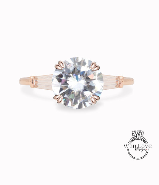 Round cut Moissanite engagement ring Rose gold ring Vintage Cluster ring Baguette cut Moissanite Diamond ring Anniversary promise ring gift Wan Love Designs
