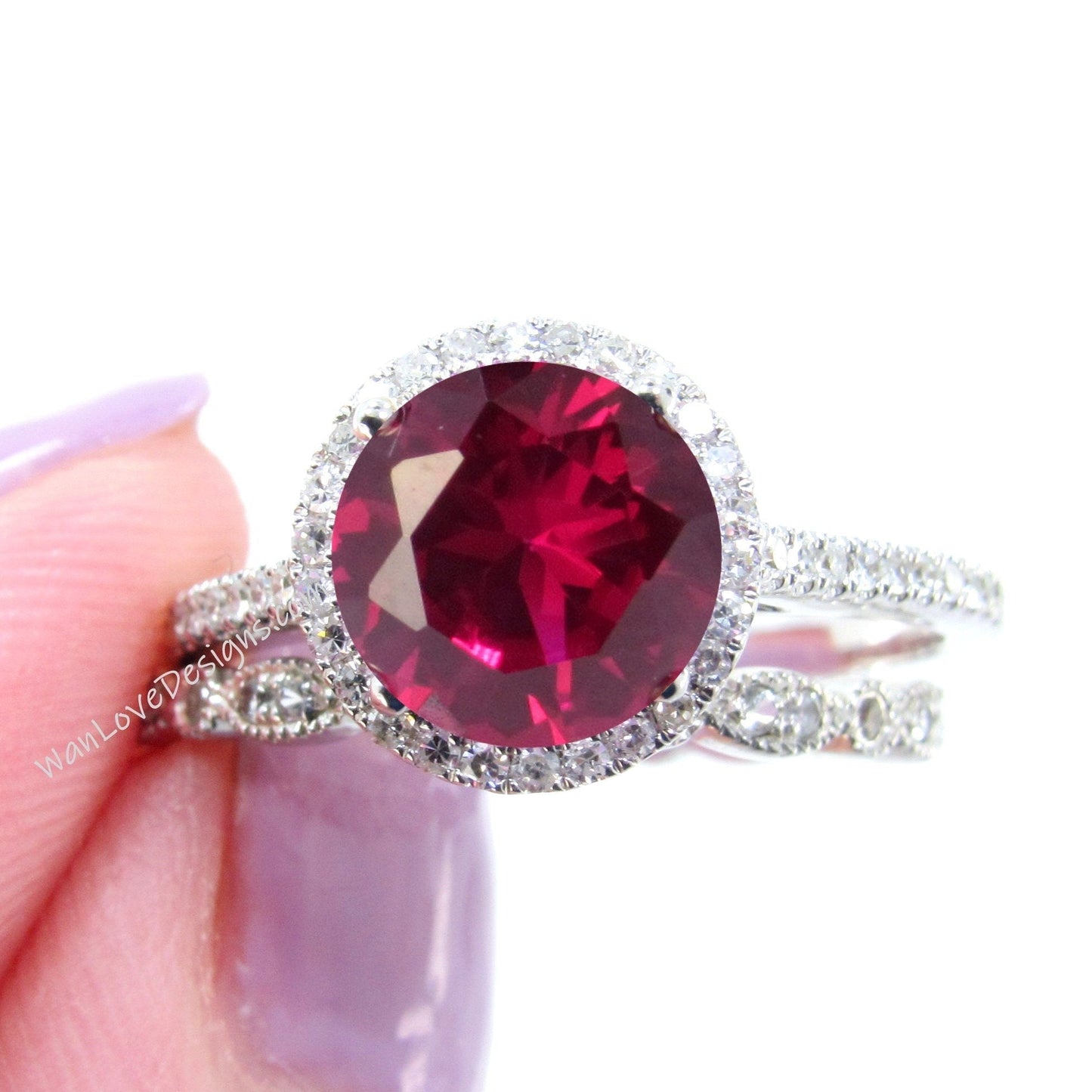 Round cut Ruby engagement ring set vintage white gold Halo engagement ring half eternity leaf Diamond wedding Bridal Promise gift Wan Love Designs