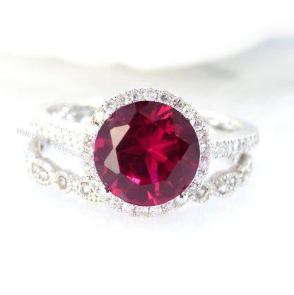 Round cut Ruby engagement ring set vintage white gold Halo engagement ring half eternity leaf Diamond wedding Bridal Promise gift Wan Love Designs