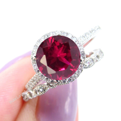 Round cut Ruby engagement ring set vintage white gold Halo engagement ring half eternity leaf Diamond wedding Bridal Promise gift Wan Love Designs