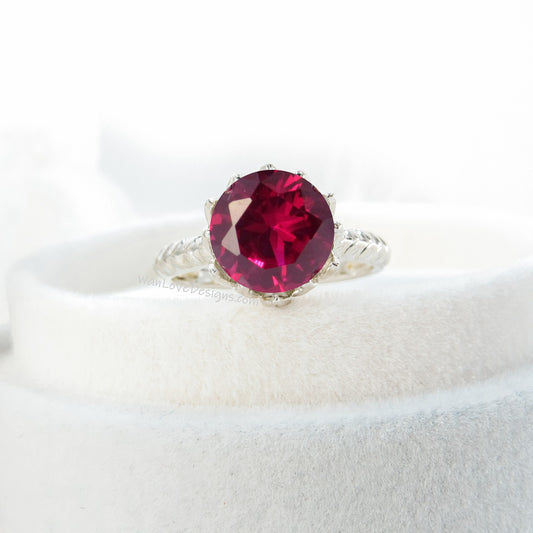 Round cut Ruby engagement ring vintage Lotus Flower engagement ring woman nature leaf ring Unique Bridal ring Anniversary gift Wan Love Designs