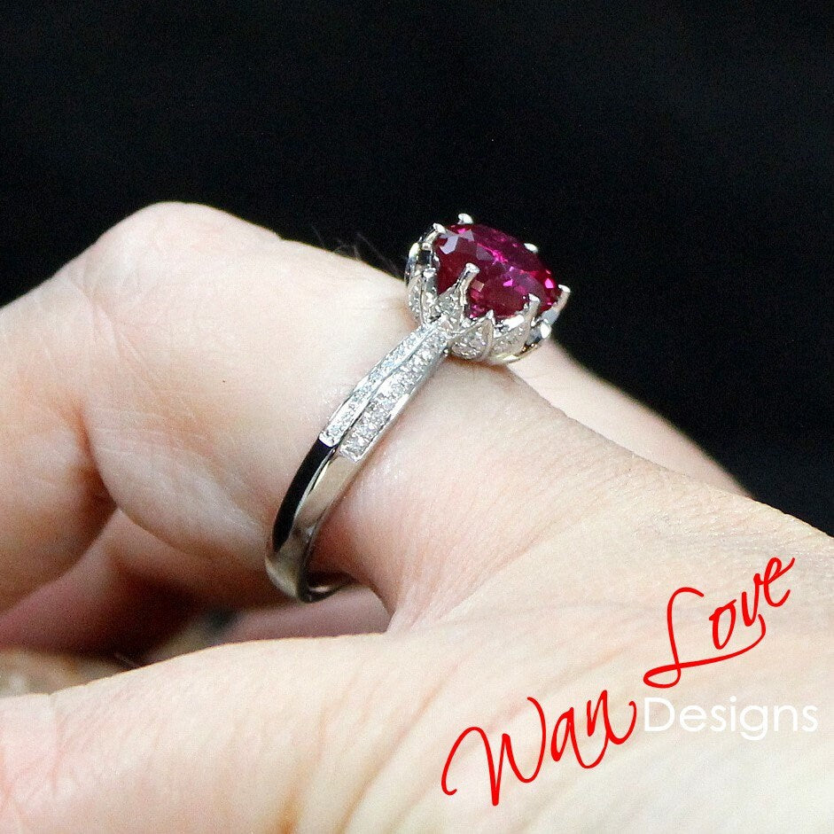 Round cut Ruby engagement set vintage Rose White gold Lotus Flower engagement ring woman Diamond wedding set Unique Bridal Anniversary set Wan Love Designs