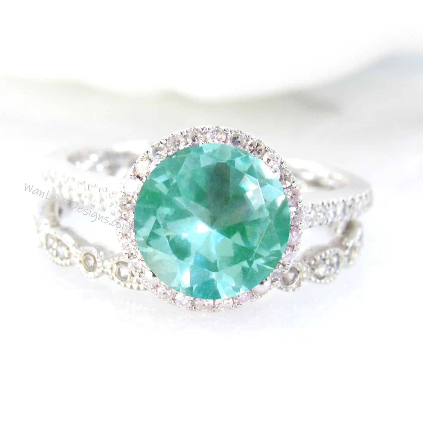 Round cut Teal Spinel engagement ring set vintage white gold Halo engagement ring half eternity leaf Diamond wedding Bridal Promise gift Wan Love Designs