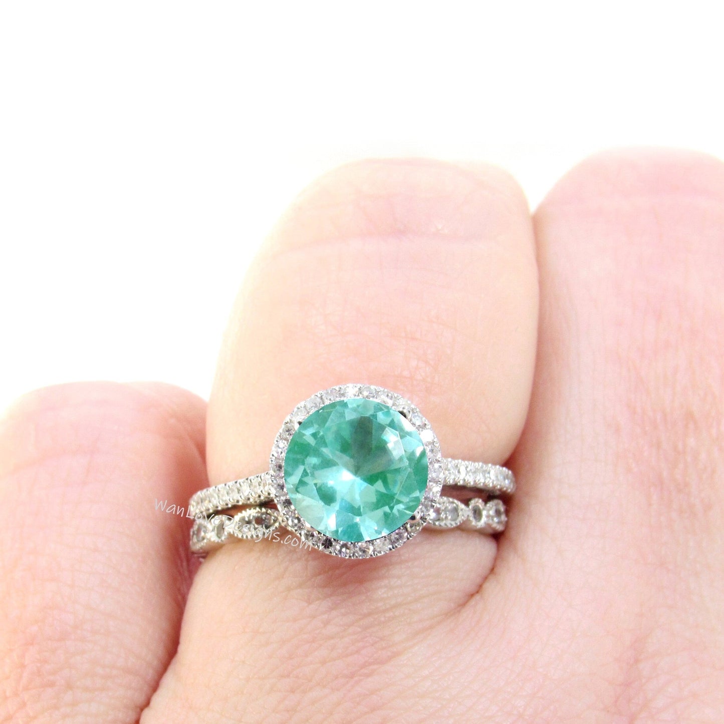 Round cut Teal Spinel engagement ring set vintage white gold Halo engagement ring half eternity leaf Diamond wedding Bridal Promise gift Wan Love Designs