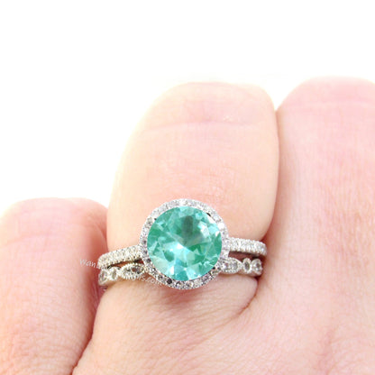 Round cut Teal Spinel engagement ring set vintage white gold Halo engagement ring half eternity leaf Diamond wedding Bridal Promise gift Wan Love Designs