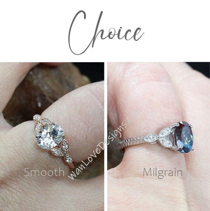 Round cut leaf Moissanite Diamond Engagement Ring Nature Antique leaf Milgrain Wedding ring Vintage style Ring wedding bridal antique ring Wan Love Designs