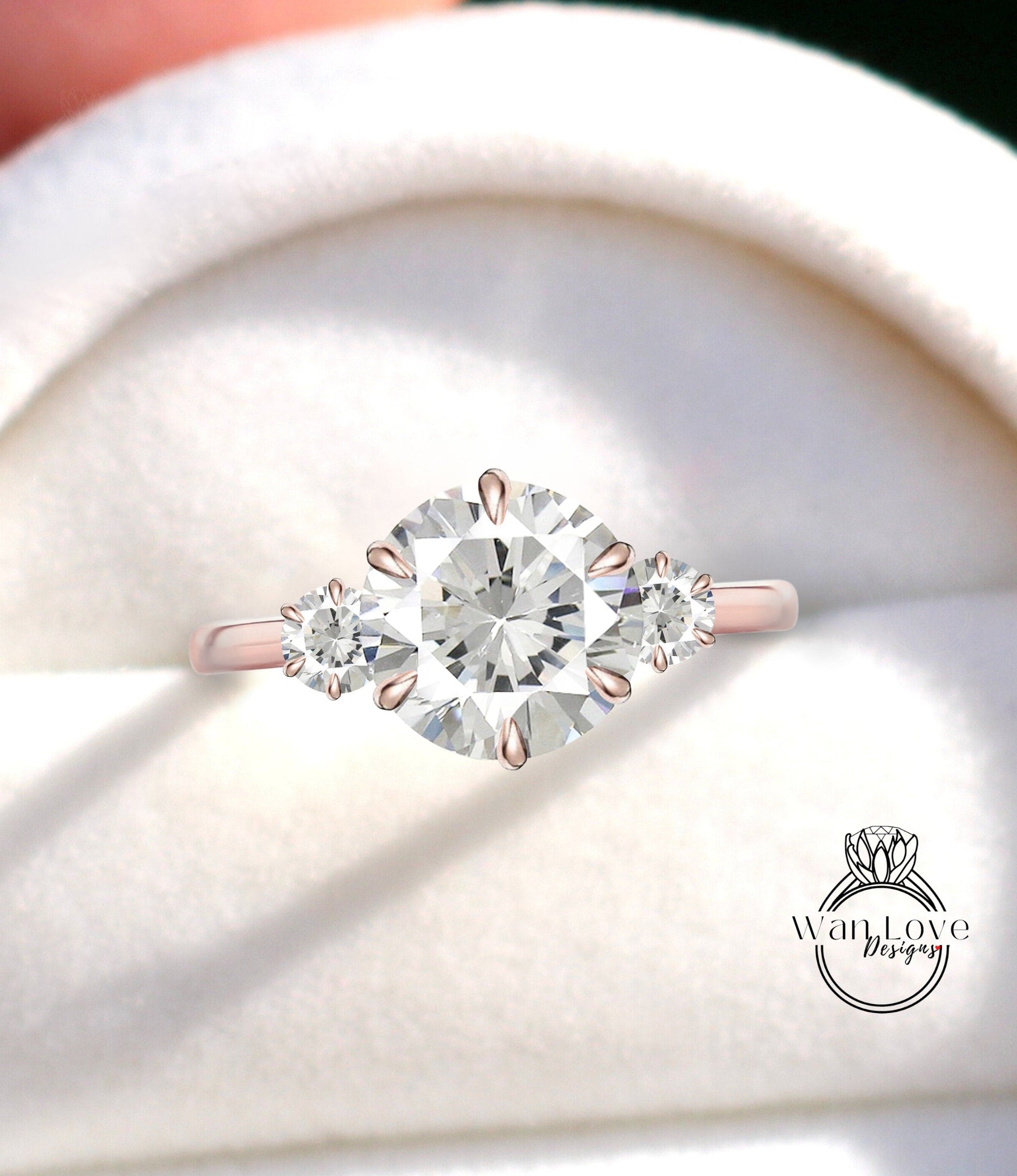 Round shape Diamond engagement ring vintage trellis Rose gold Three stone ring unique Round cut IGI Lab Diamond Anniversary promise ring Wan Love Designs