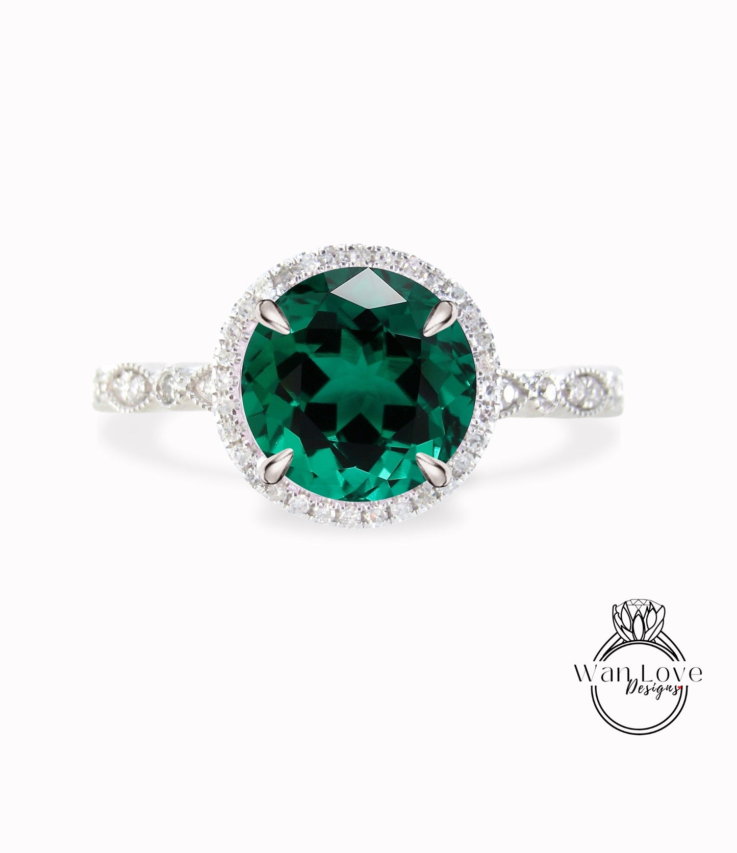 Round shape Emerald engagement ring unique rose gold diamond halo ring vintage milgrain prong set ring anniversary promise bridal ring Wan Love Designs