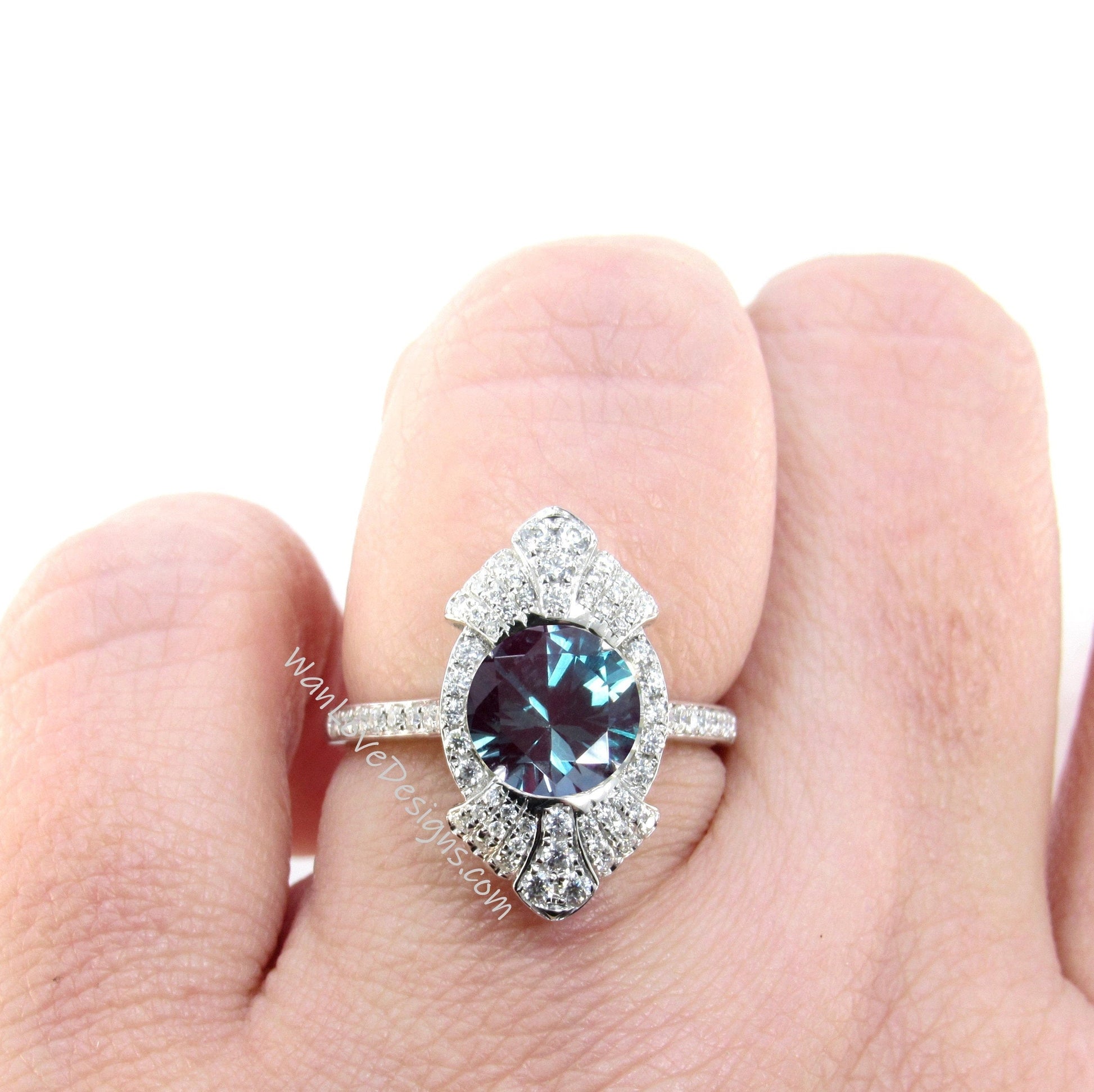 Round shaped Alexandrite engagement ring vintage Unique white gold engagement ring woman Art Deco diamond Bezel Cluster ring Promise ring Wan Love Designs