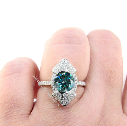 Round shaped Blue Moissanite engagement ring vintage Unique white gold engagement ring woman Art Deco diamond Bezel Cluster ring Promise Wan Love Designs