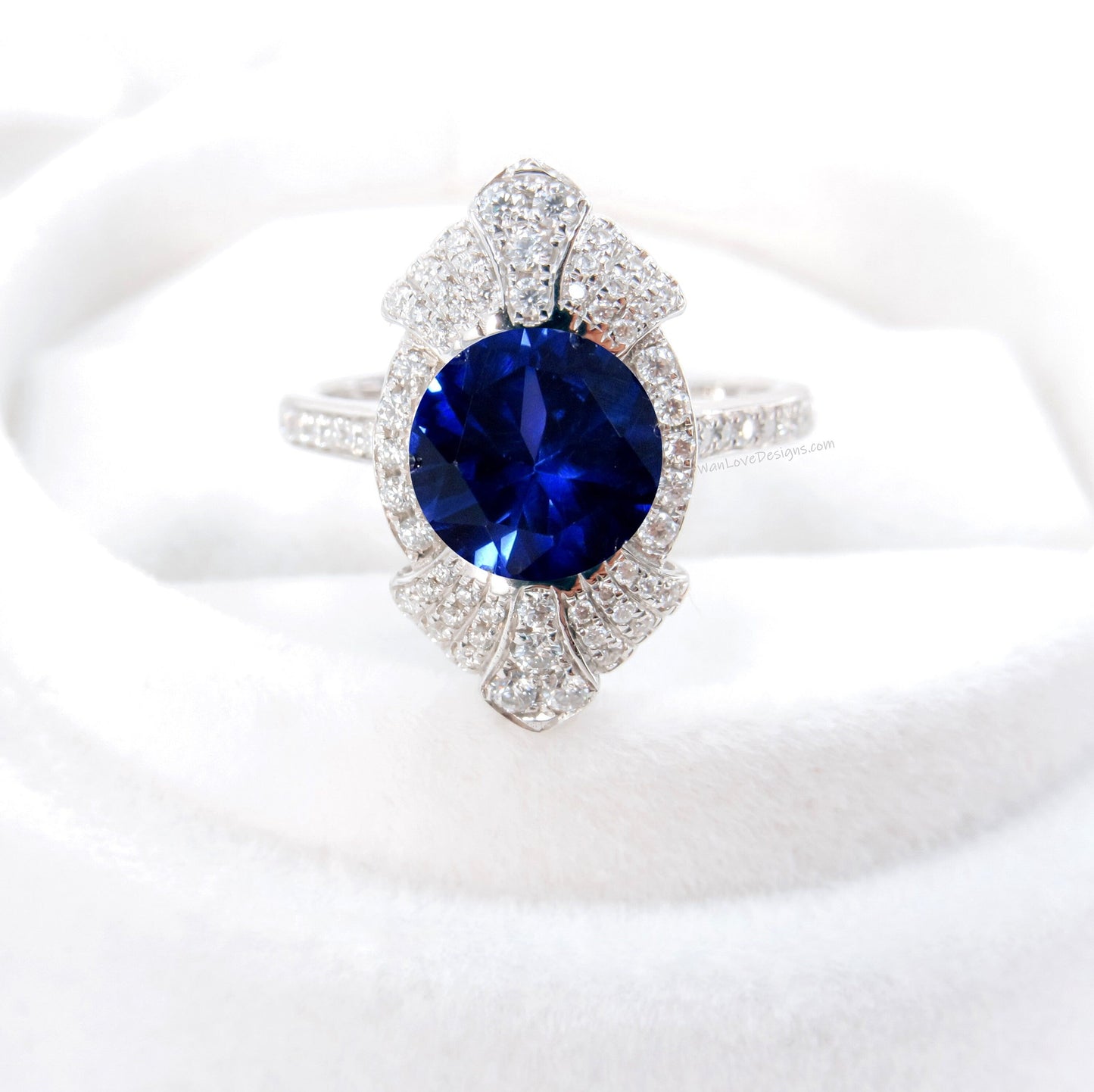 Round shaped Blue Sapphire engagement ring vintage Unique white gold engagement ring woman Art Deco diamond Bezel Cluster ring Promise ring Wan Love Designs