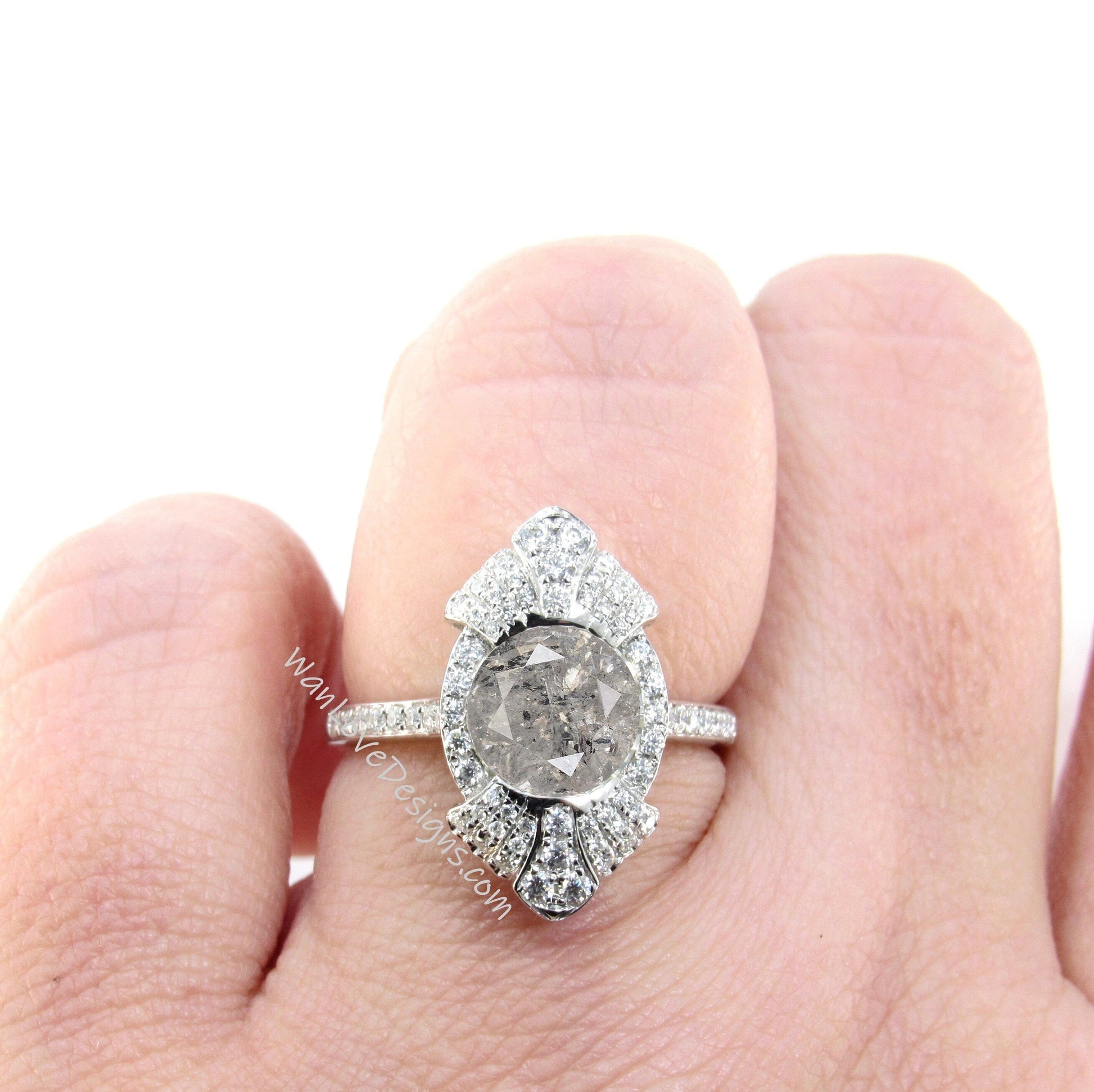 Round shaped Salt & Pepper Diamond engagement ring vintage Unique white gold engagement ring woman Art Deco Bezel Cluster ring Promise ring Wan Love Designs