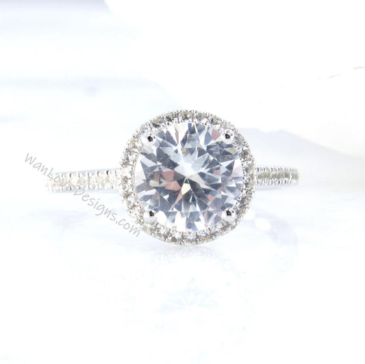 Round shaped White Sapphire engagement ring art deco ring 2ct halo diamond half eternity ring vintage alternative bridal wedding ring Wan Love Designs