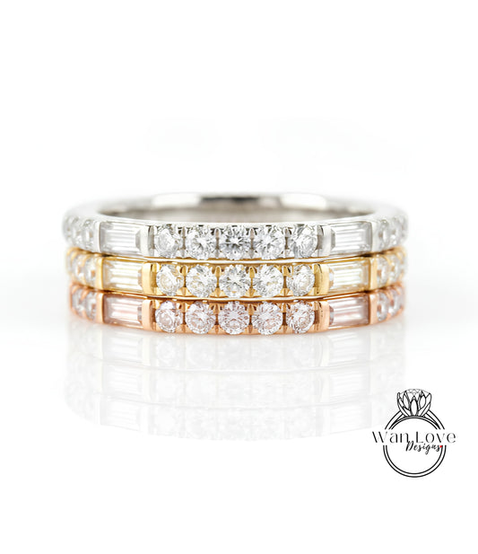 Anello Baguette Bar Quasi Eternità • Anello Eternità rotondo 3/4 con diamante • Anello di fidanzamento con punto tratteggiato • Anello Anniversario Moissanite • Regalo per lei