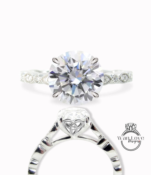 Celtic Knot IGI Diamond engagement ring vintage Round Lab Diamond ring white gold milgrain ring women Unique Bridal Jewelry Anniversary gift