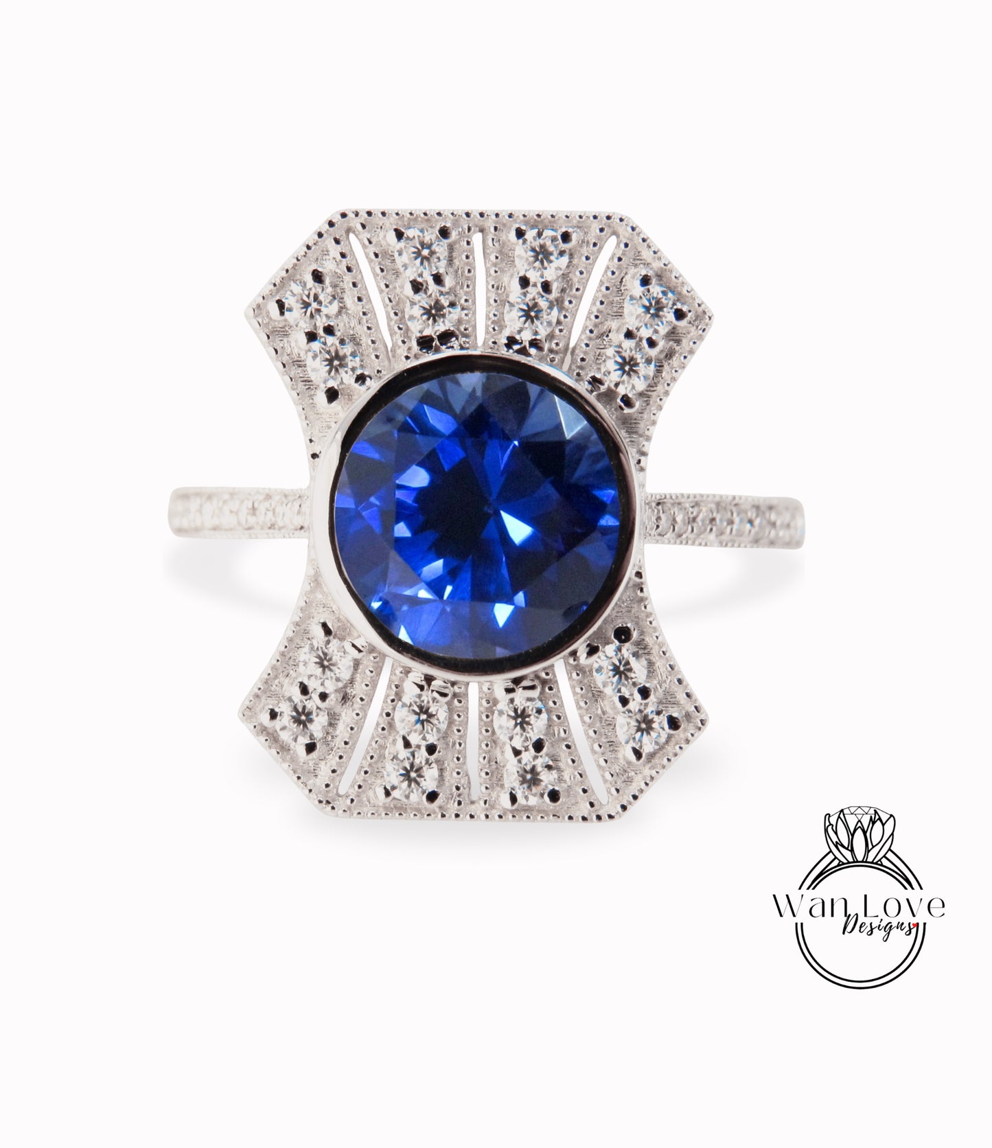 Anello di fidanzamento vintage con zaffiro blu diamante, anello di alone di moissanite Art Déco, anello con castone rotondo Milgrain, anello di zaffiro con diamanti