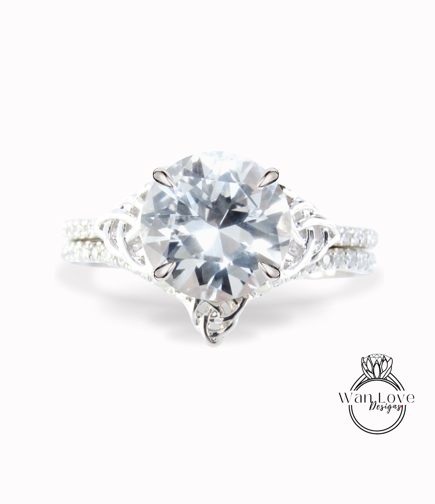 White Sapphire & Celtic knot White Sapphire Bridal Rings Set, Celtic Diamond Rings, Round Engagement Ring, Curved Diamond Wedding Band, Anniversary Ring gift