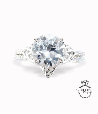White Sapphire & Celtic knot White Sapphire Bridal Rings Set, Celtic Diamond Rings, Round Engagement Ring, Curved Diamond Wedding Band, Anniversary Ring gift