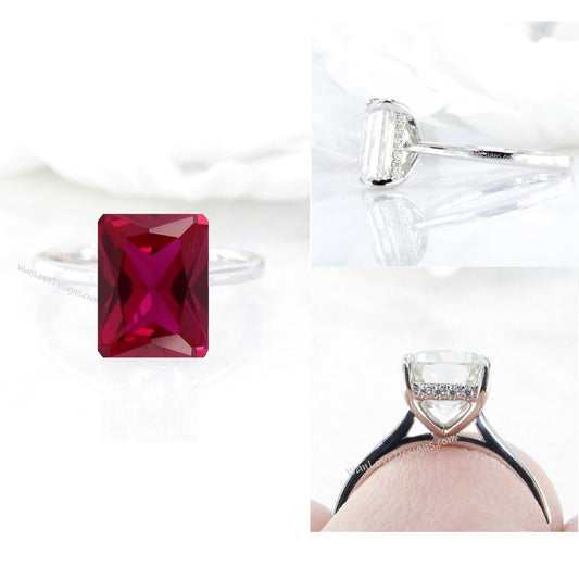 Ruby 14kt 18kt Solid Gold Emerald Diamond Dainty Minimalist Pave Rim Engagement Ring, WanLoveDesigns Wan Love Designs