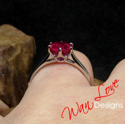 Ruby  6 Prong Solitaire Engagement Ring, Round, 14k 18k White Yellow Rose Gold-Platinum-Custom-Wedding-Anniversary-open Flower prongs Wan Love Designs