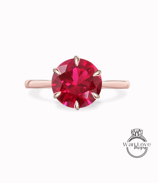 Ruby  6 Prong Solitaire Engagement Ring, Round, 14k 18k White Yellow Rose Gold-Platinum-Custom-Wedding-Anniversary-open Flower prongs Wan Love Designs