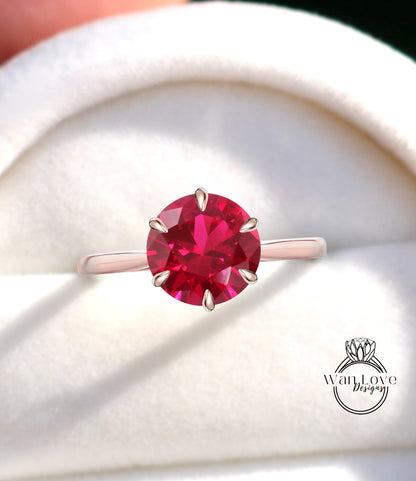 Ruby  6 Prong Solitaire Engagement Ring, Round, 14k 18k White Yellow Rose Gold-Platinum-Custom-Wedding-Anniversary-open Flower prongs Wan Love Designs