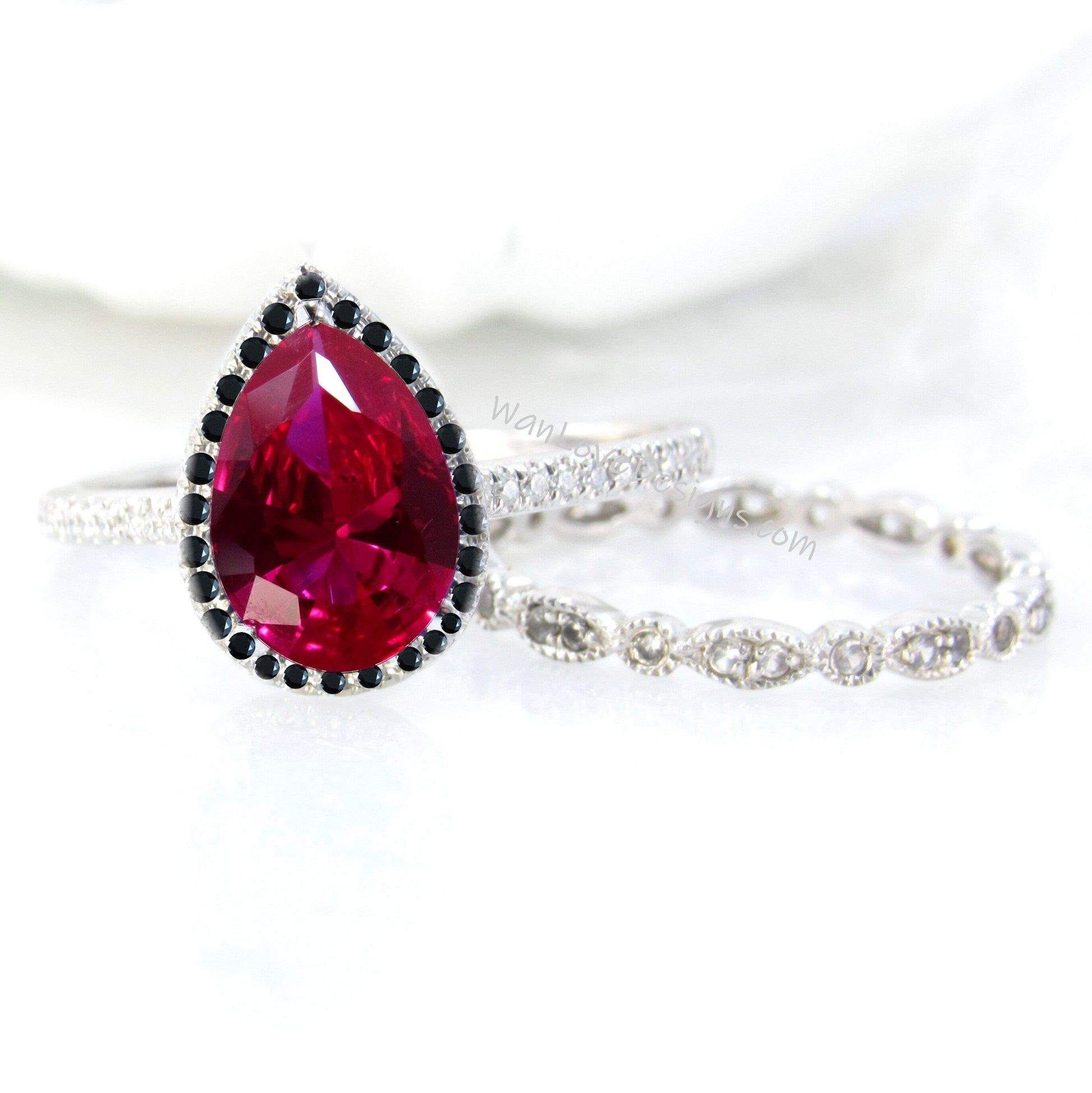 Ruby Black White Diamond Pear Halo Engagement Ring Set, Almost Eternity Milgrain Leaf Band 14k 18k White Yellow Rose Gold-Platinum-Custom Wan Love Designs