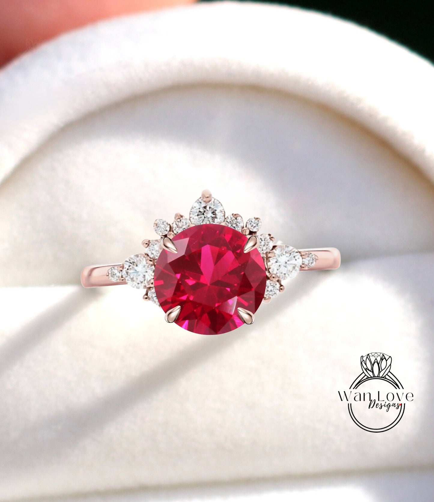 Ruby Cluster Half Halo engagement ring Diamonds Unique cluster White Rose Gold Ring woman Promise Anniversary Gift Wan Love Designs