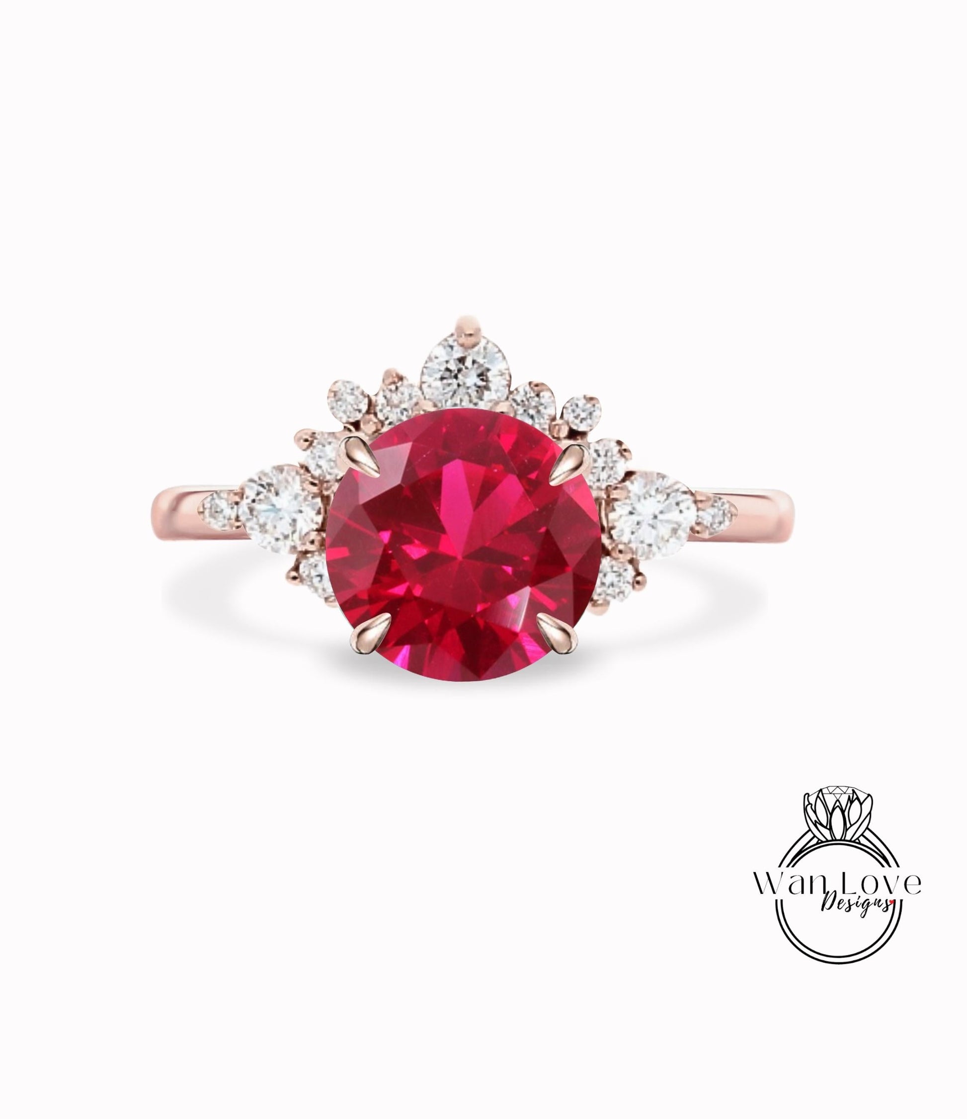 Ruby Cluster Half Halo engagement ring Diamonds Unique cluster White Rose Gold Ring woman Promise Anniversary Gift Wan Love Designs