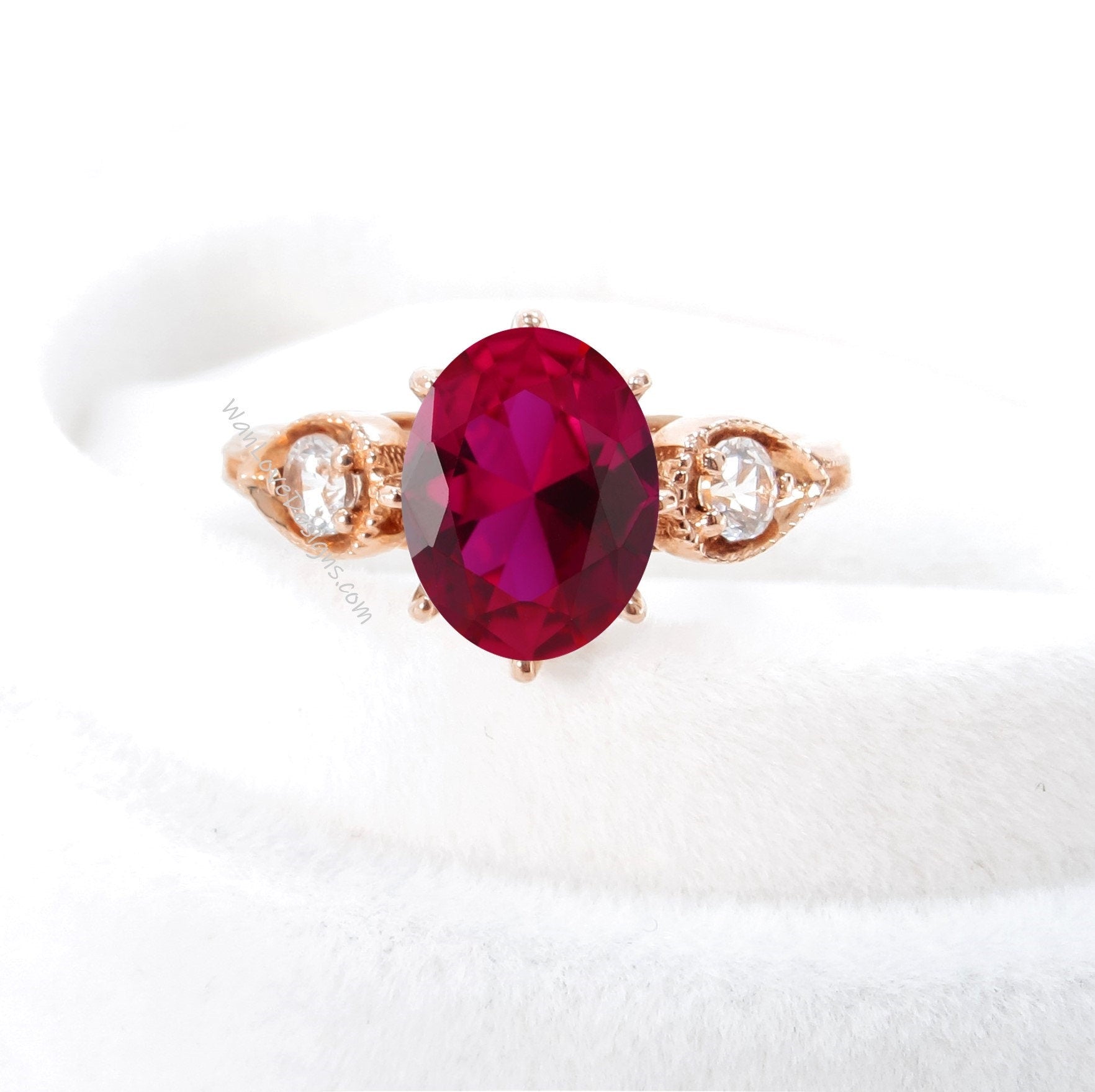 Ruby Diamond 3 Gem Oval Round Pear Bezel Milgrain 8 prong Engagement Ring,3ct,9x7mm,3mm,Custom,Wedding,14k 18k White Rose Yelow Gold Wan Love Designs