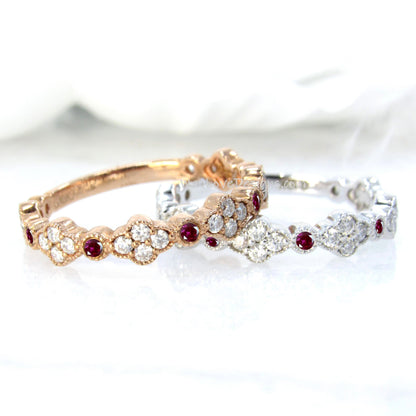 Ruby Diamond 4 Leaf Clover Almost Eternity Ring • Quatrefoil Diamond Round 3/4 Eternity Ring • Moissanite Bridal Ring • Wedding Gift for her Wan Love Designs