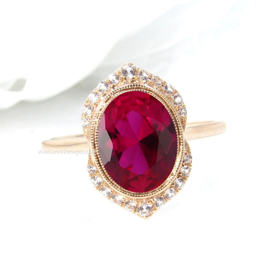 Ruby & Diamond Art Deco Unique Oval Bezel Halo WITH or Without Milgrain Engagement Ring, Custom, 14k 18k Rose Gold, WanLoveDesigns Wan Love Designs