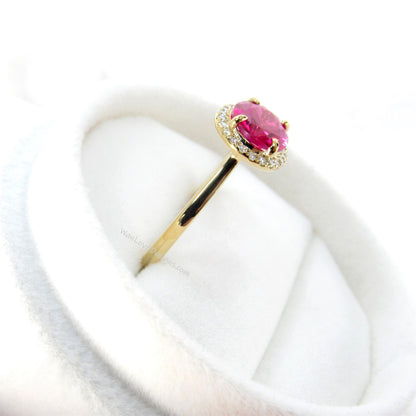 Ruby & Diamond East West Oval Halo Engagement Ring, plain band, Custom, Wedding, Anniversary Gift, Commitment, promise, proposal Wan Love Designs
