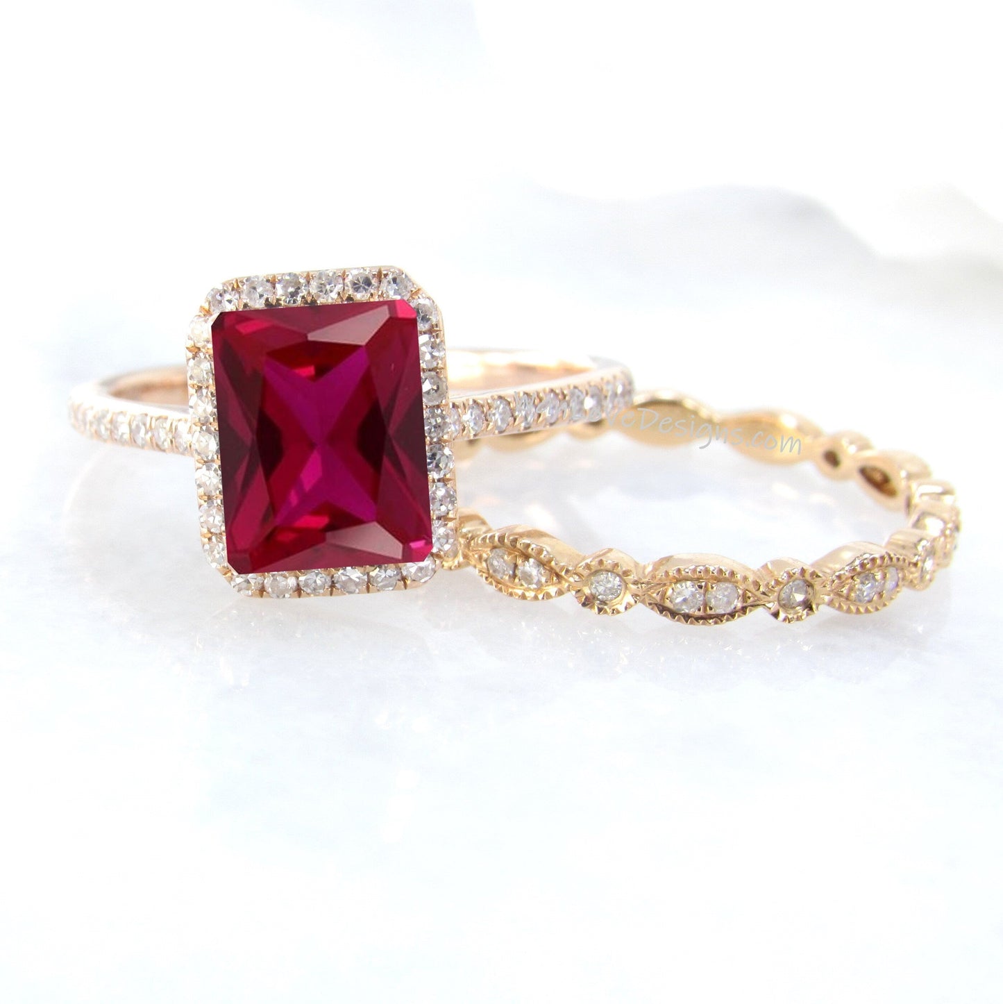 Ruby & Diamond Emerald Halo Engagement Ring Set-band Custom-Wedding-Anniversary 14k 18k White Yellow Rose Gold-Platinum Wan Love Designs