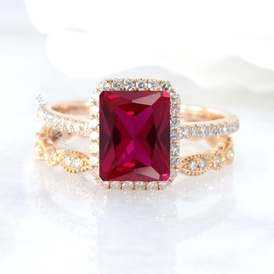 Ruby & Diamond Emerald Halo Engagement Ring Set-band Custom-Wedding-Anniversary 14k 18k White Yellow Rose Gold-Platinum Wan Love Designs