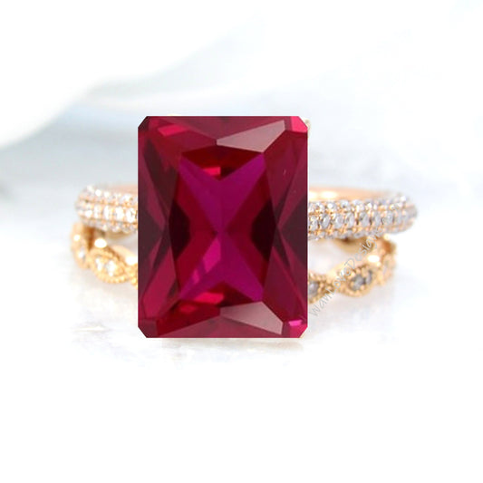 Ruby & Diamond Emerald Radiant Engagement Ring, Leaf Eternity Wedding Band Set, Celebrity, Custom, Anniversary Gift, Bridal Wan Love Designs