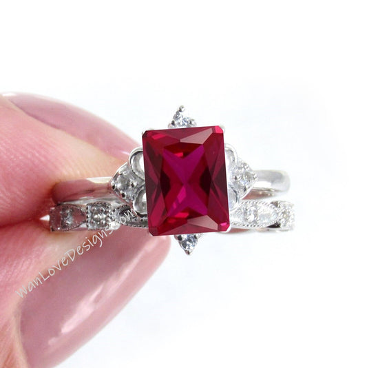 Ruby & Diamond Emerald cut Engagement Ring Set,Full Eternity Wedding Band Custom-14k 18k White Yellow Rose Gold-Platinum Wan Love Designs