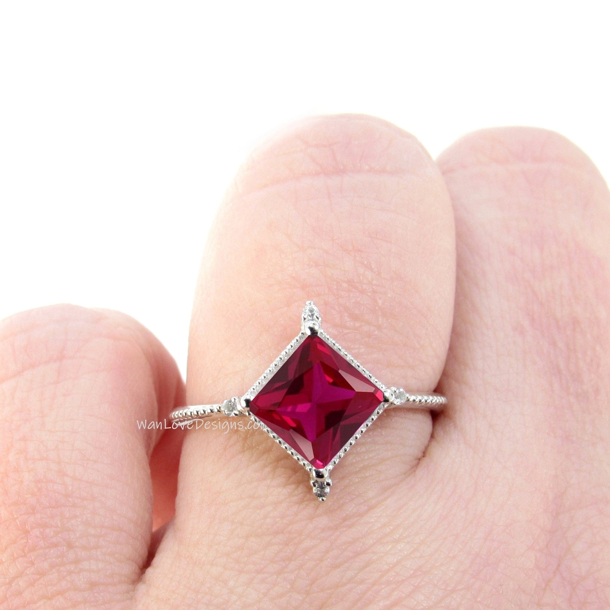 Ruby & Diamond Engagement Ring, Milgrain, Kite, NSEW, Princess, Custom,14k 18k White Yellow Rose Gold-Platinum, Wedding, WanLoveDesigns Wan Love Designs