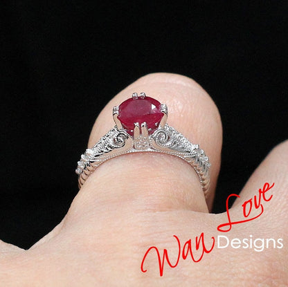 Ruby & Diamond Engraved Antique Engraving Round Engagement Ring, Custom-14k 18k White Yellow Rose Gold-Platinum-Wedding-Anniversary Gift Wan Love Designs