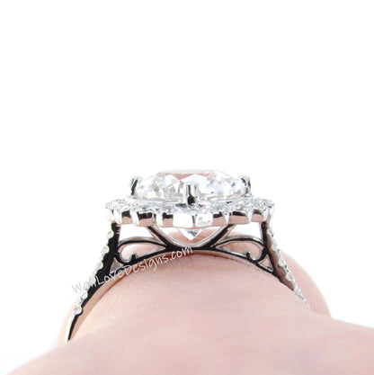 Ruby & Diamond Geometric Halo Round Engagement Ring, Custom, 14k 18k White Yellow Rose Gold-Platinum-Wedding, Anniversary Gift Wan Love Designs
