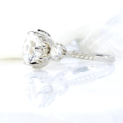 Ruby & Diamond Lotus Flower 3 Gemstone Engagement Ring, Custom, Anniversary Gift, 14k 18k Gold, Platinum, WanLoveDesigns Wan Love Designs