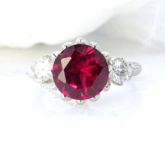 Ruby & Diamond Lotus Flower 3 Gemstone Engagement Ring, Custom, Anniversary Gift, 14k 18k Gold, Platinum, WanLoveDesigns Wan Love Designs