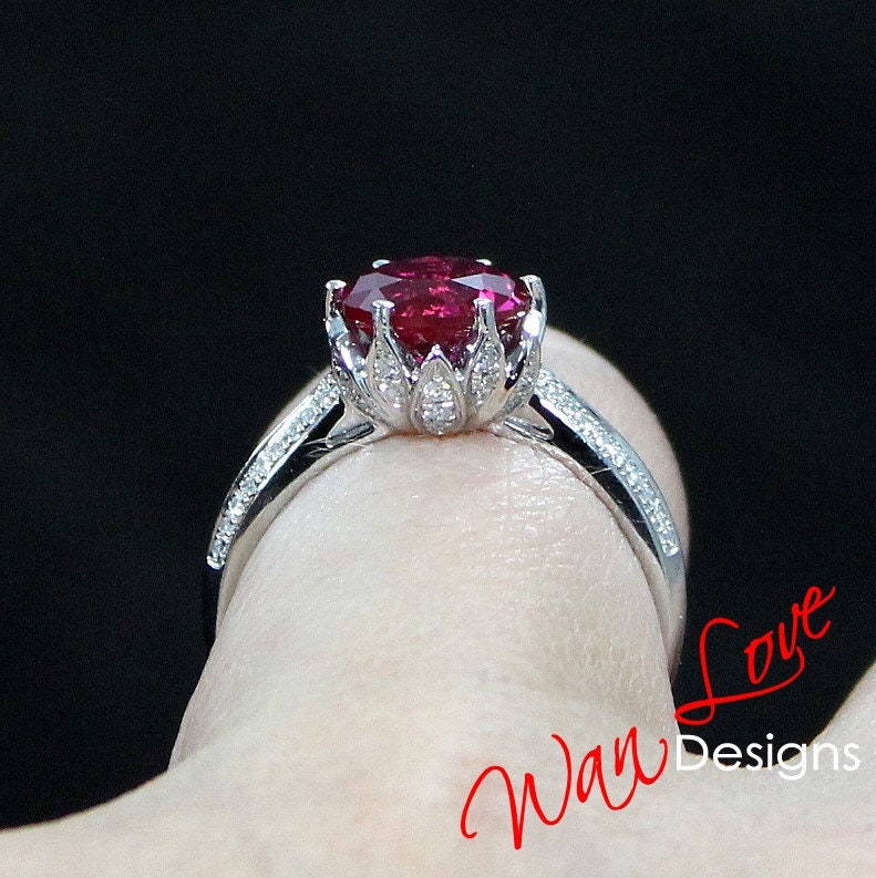 Ruby & Diamond Lotus Flower Engagement Ring, Round, 14k 18k White Yellow Rose Gold-Platinum-Custom made-Wedding-Anniversary Gift Wan Love Designs