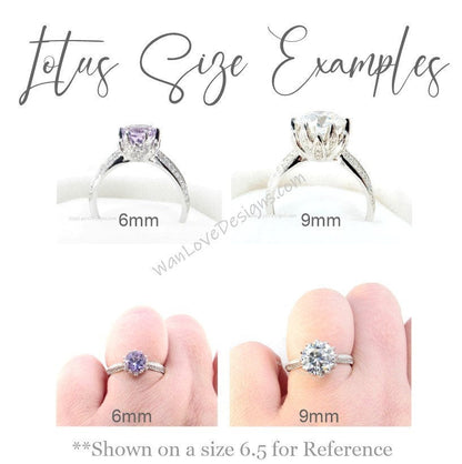 Ruby & Diamond Lotus Flower Engagement Ring, Round, 14k 18k White Yellow Rose Gold-Platinum-Custom made-Wedding-Anniversary Gift Wan Love Designs
